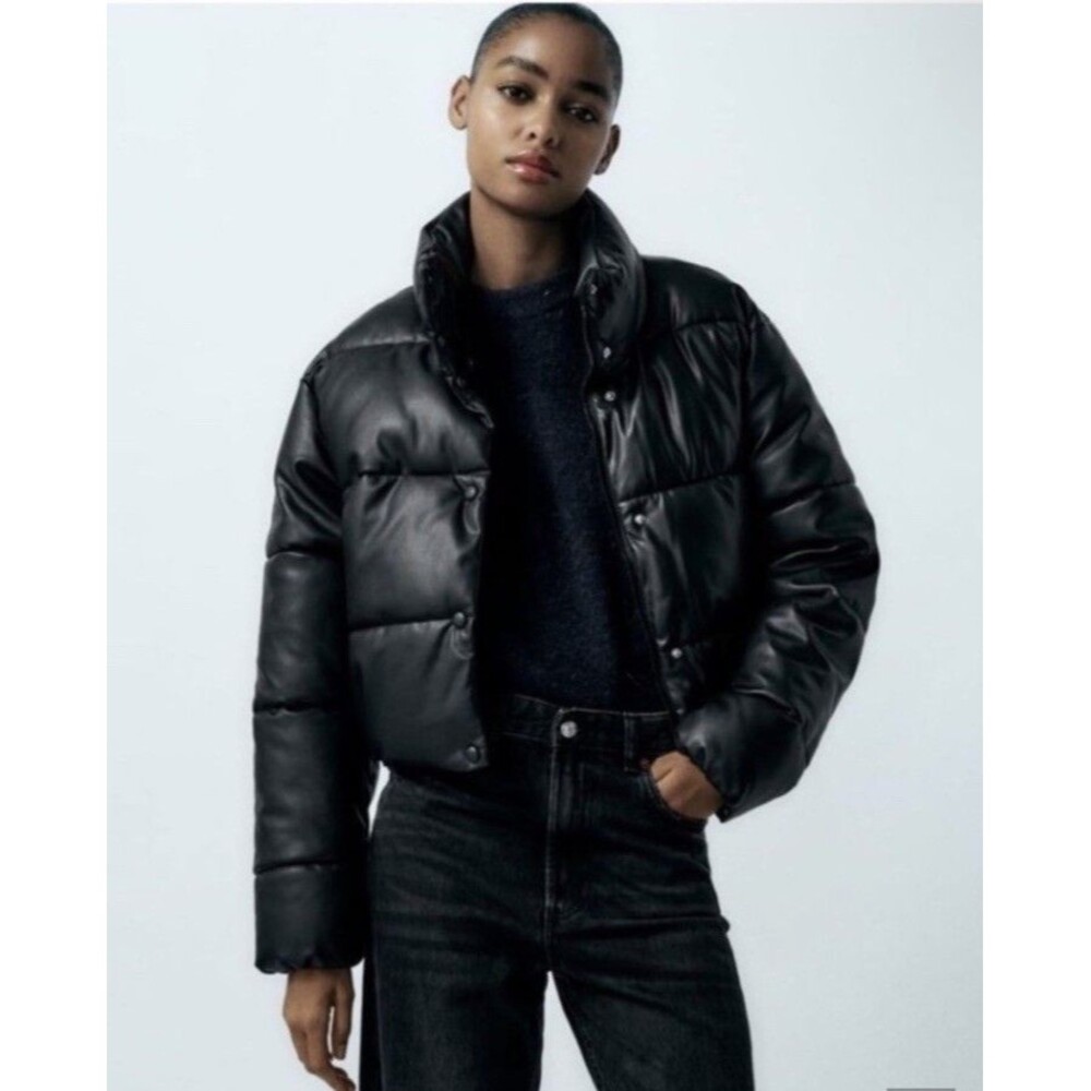 Zara Faux Leather Puffer Jacket Sz XS Black Cropped Oversized Winter Coat